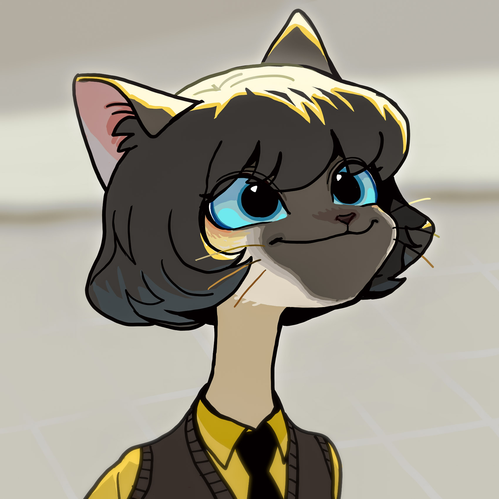 a cartoon illustration of a cute black cat with a black bob haircut, blue eyes, and a small smile. it is wearing a yellow shirt, a black vest, and a black tie. it is looking up and to the right with a mischievous expression. the cat is drawn in a cute and adorable style, and the illustration is done in a digital art style.