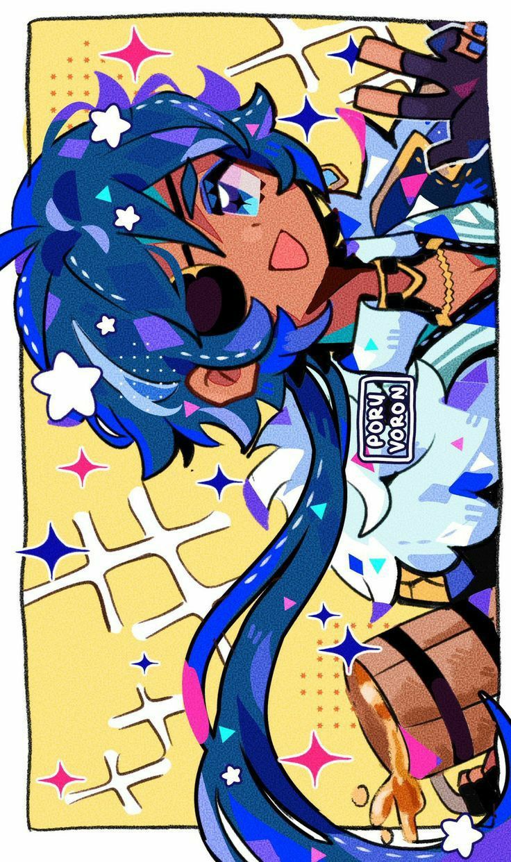 the image is a vibrant, colorful animestyle illustration of a girl character. she has long, bright blue hair with streaks of purple and pink. her skin is brown, and she has expressive eyes. she's wearing a stylized outfit with a mix of colors and patterns. her pose is dynamic and energetic, suggesting movement and liveliness. the background features a yellow grid pattern with sparkling effects. the overall style is playful and cheerful. a logo or tag "poru voron" is visible on her outfit. the image is highly detailed and features a variety of visual elements that contribute to its dynamic and expressive nature.  she appears to be pouring something from a wooden barrel.