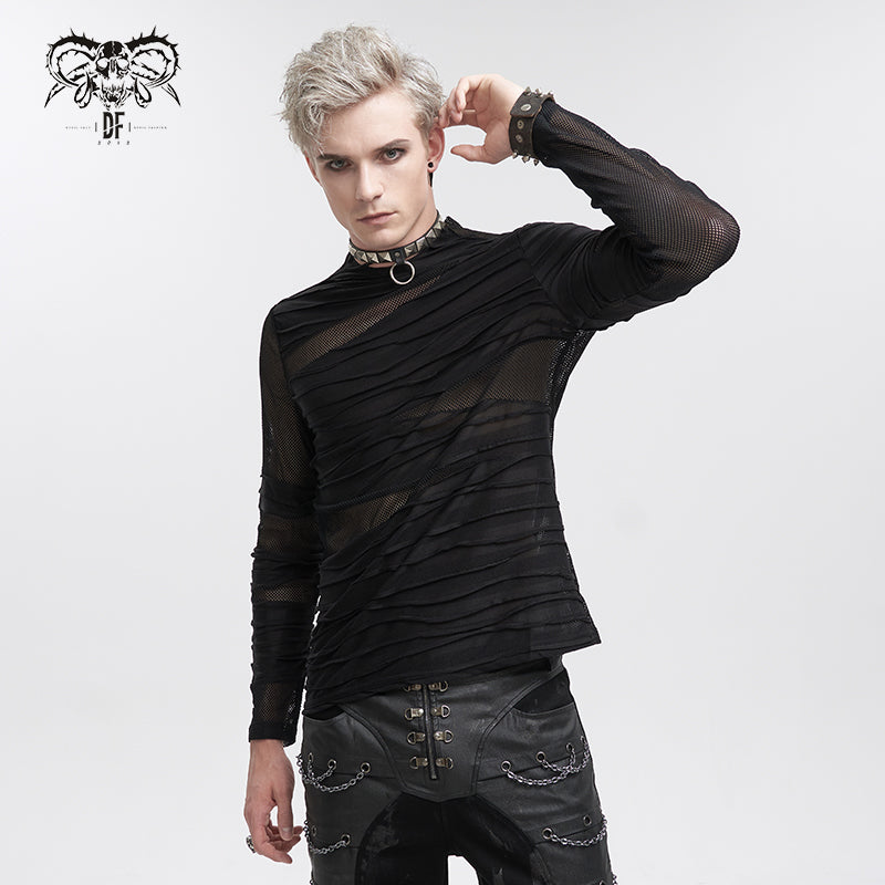 a young man with platinum blonde hair is modeling a black longsleeved shirt with a mesh and textured design. the shirt is semisheer, showing hints of skin underneath. he is also wearing black pants with metal chain details around the waist.  his accessories include a studded choker necklace and a dark bracelet. the overall style is goth or punkinspired. the image is a professional studio shot against a plain white background.
