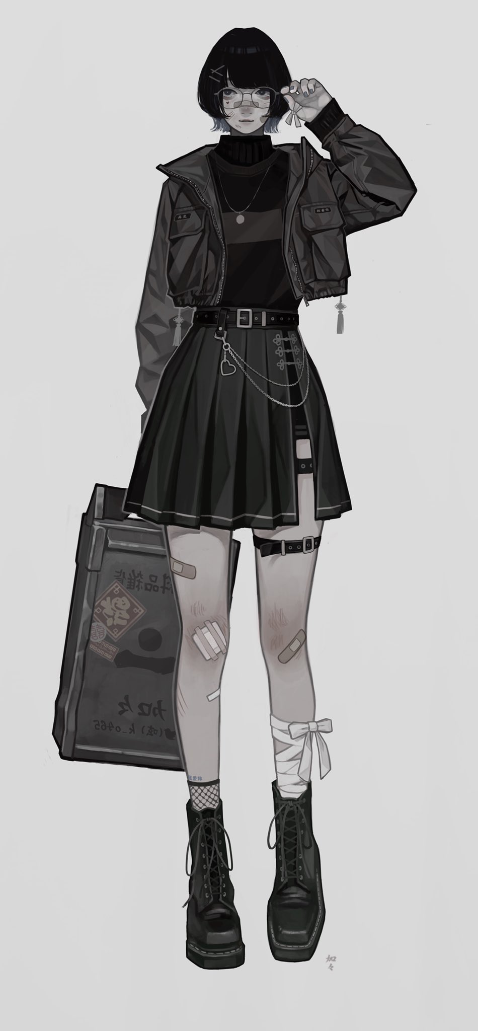 the image is a digital illustration of an animestyle girl. she has short black hair, glasses, and is wearing a darkcolored outfit consisting of a jacket, a pleated skirt, fishnet stockings, and combat boots. she is carrying a rectangular bag with some writing on it. her legs have bandages on them. the overall style is dark and edgy. the illustration is done in grayscale with a focus on texture and shading to create depth and contrast.