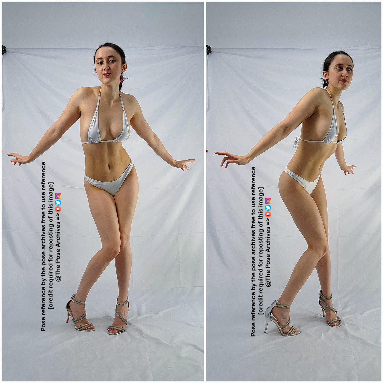 a woman in a white bikini is posing in a studio setting. she is standing on a white backdrop and is lit with soft light. the image is a pose reference, which means it can be used by artists as a guide for drawing or painting.