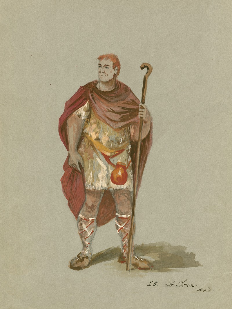 a watercolor painting depicts a man in an ancientstyle costume. he has red hair and a cheerful expression. he is wearing a tunic, a red cloak, and laced sandals. he carries a wooden staff in his right hand and has a small red pouch hanging from his waist. the artwork is rendered in a painterly style with visible brushstrokes. there is text visible in the bottom right corner of the painting.