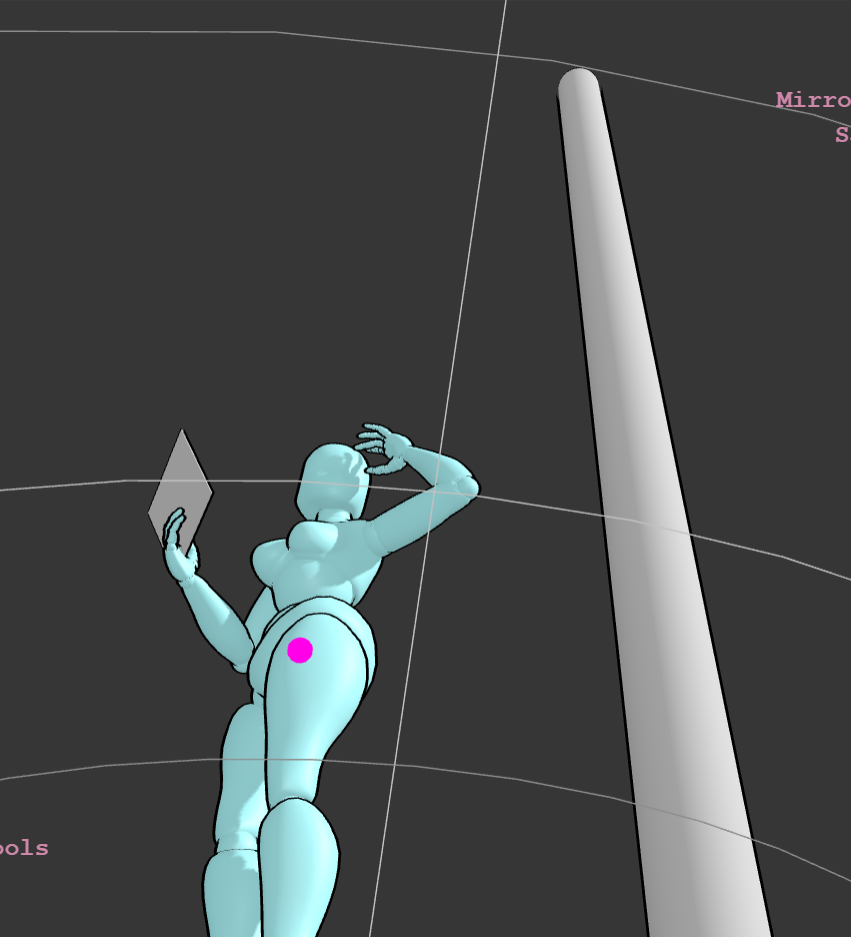 a 3d model of a woman is positioned in a studio setting. the model is light blue and holds a thin rectangle in her hand. she's posed with one hand shielding her eyes, looking up at a tall, gray cylinder. the scene is lit with soft lighting from an unknown source and is viewed from a low angle. a faint grid is visible in the background.