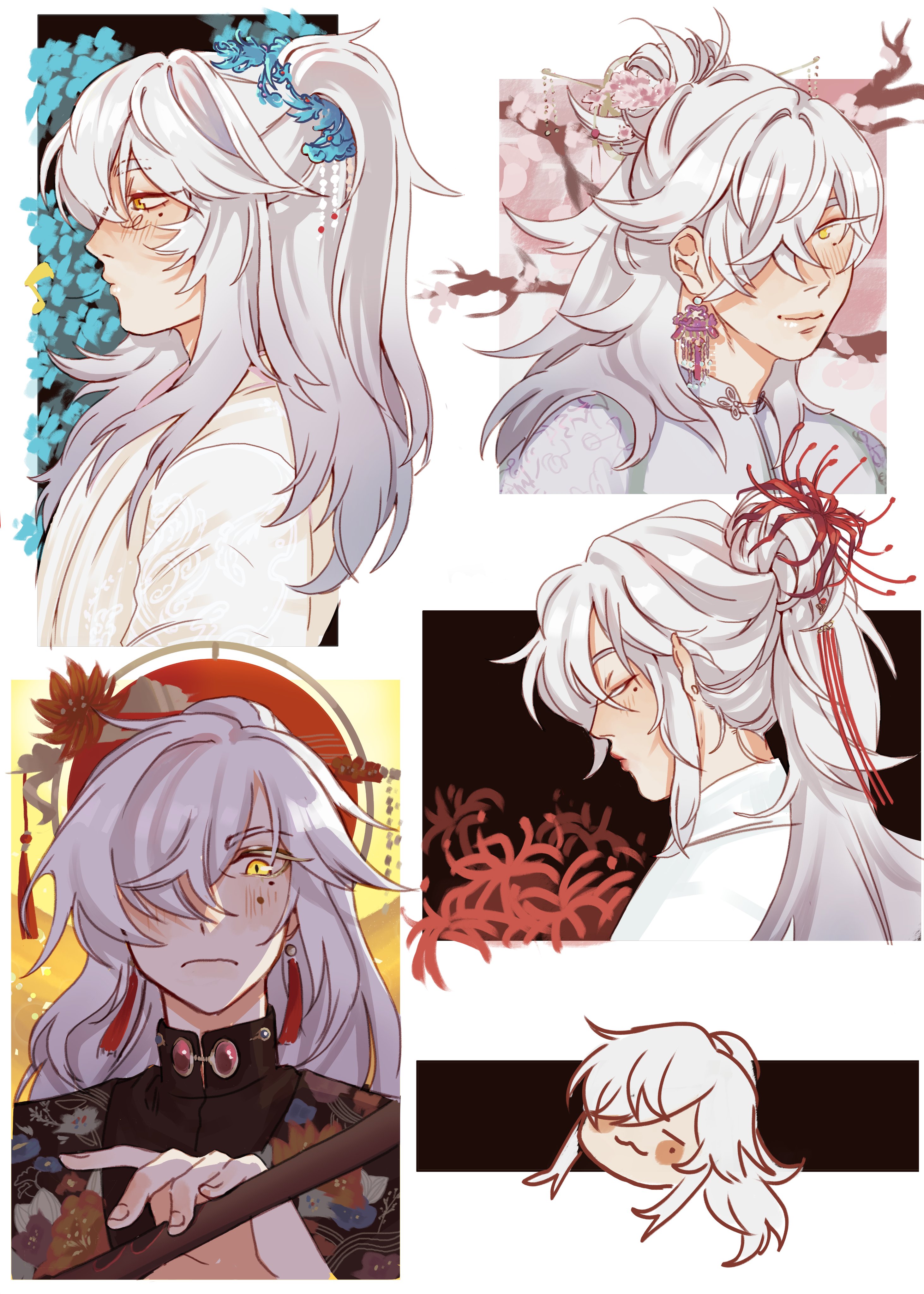 the image is a collection of five portraits of a character with white hair. the character is drawn in an anime style and has a variety of facial expressions. the backgrounds of each portrait are different and feature elements of japanese culture, such as flowers, kimonos, and a red sun. the character is portrayed in a variety of different moods, from cheerful to serious to playful. the image is overall very visually appealing and welldrawn, showcasing the artist's talent for anime illustration.