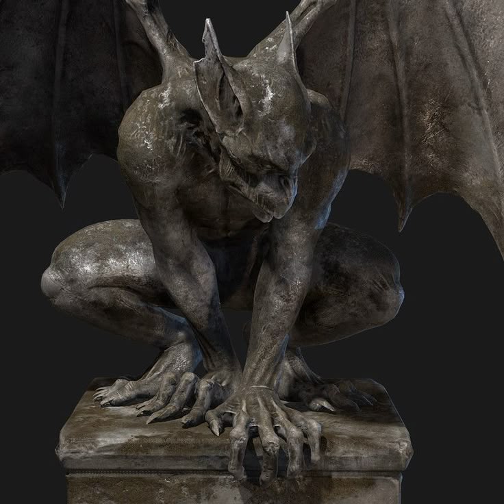 the image shows a stone gargoyle statue. the gargoyle is crouching with its hands resting on a stone base. it has batlike wings, pointed ears, and a menacing expression. the sculpture appears aged and weathered.