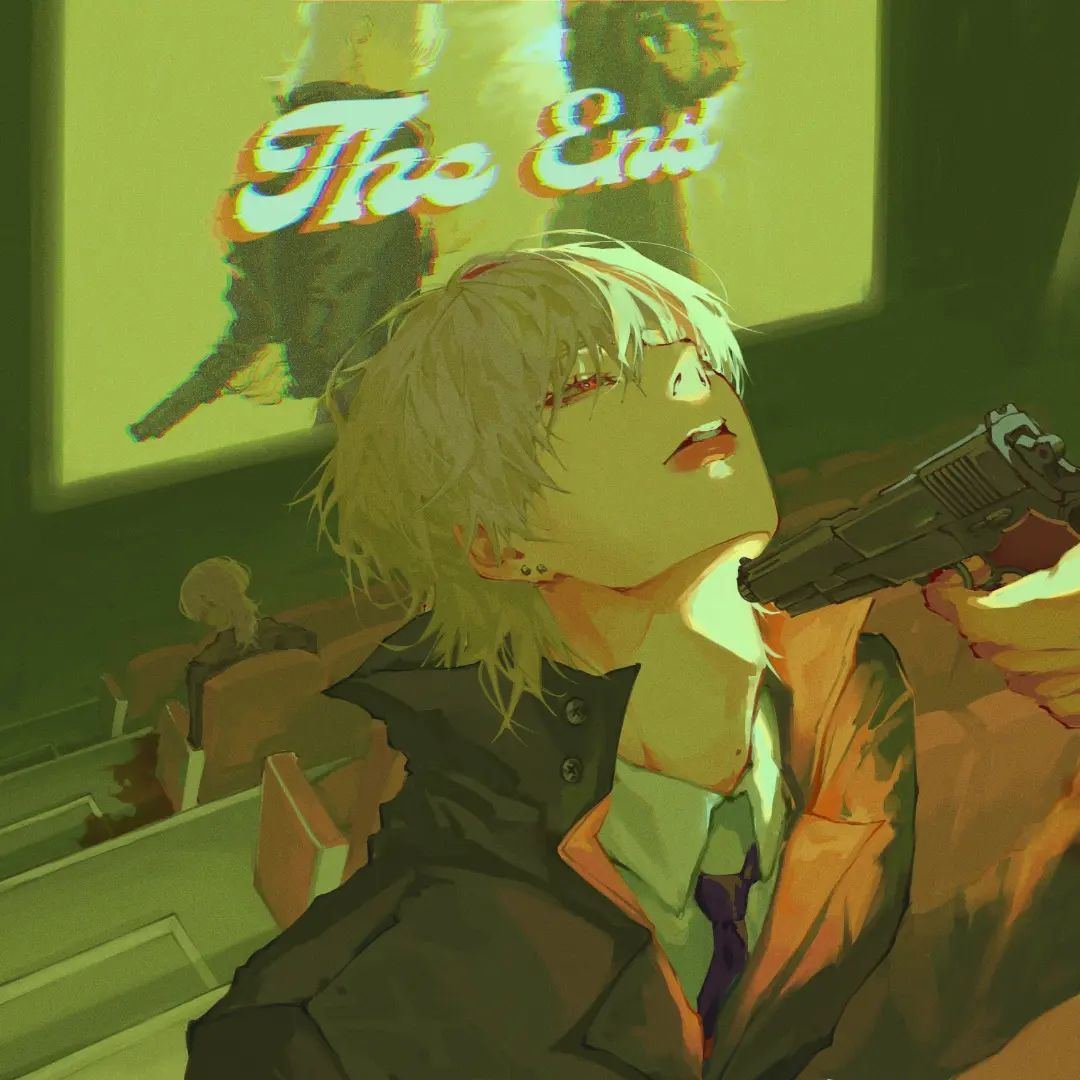 the image is of a young anime male with white hair. he is sitting in a movie theater, looking up at the screen which says "the end". the theater appears to be empty, and he is holding a pistol to his chin. the image is stylized with a color palette of green and yellow, giving it a nostalgic and melancholic tone. the overall mood of the image is one of sadness and loneliness.