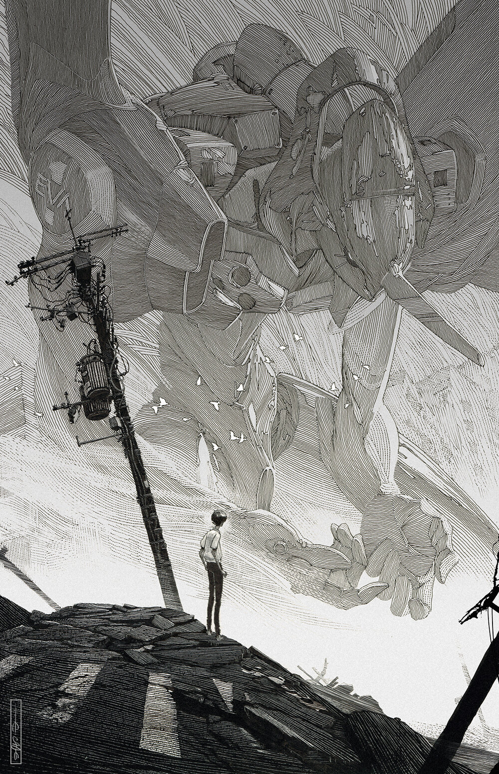 this black and white drawing shows a man standing in the rubble of a city, looking up at a giant robot hovering overhead. the robot is heavily detailed and appears to be made of metal. the man is dwarfed by the robot's size, creating a sense of awe and scale.  the detailed linework emphasizes the textures and creates a sense of depth.