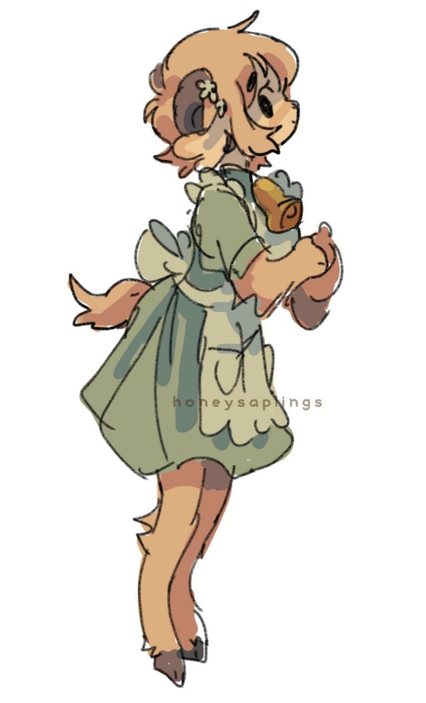 an illustration of an anthropomorphic ram character wearing a green dress and a white apron with a bell and a flower on its head. the ram has light brown fur. the artwork is signed "honey sapplings."
