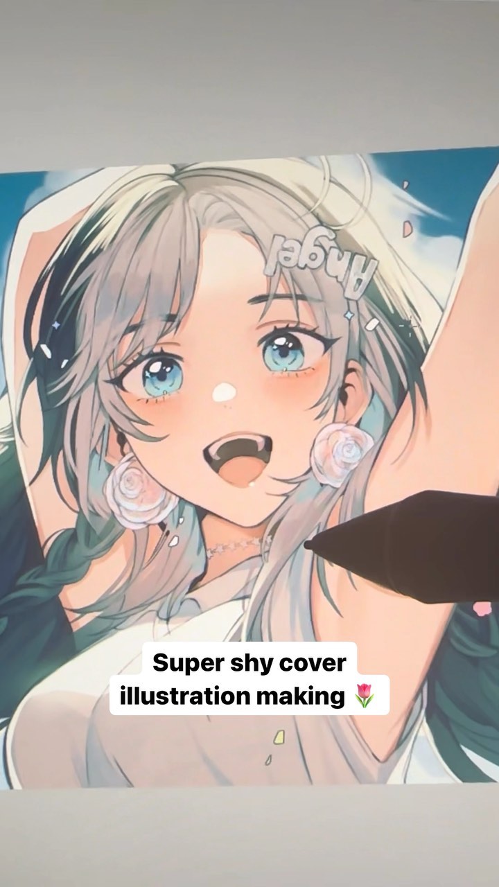 the image shows a workinprogress digital illustration of a shy anime girl.  she has long grey hair with dark roots, large blue eyes, and is wearing flowershaped earrings. her expression is one of shyness or bashfulness. the art style is soft and delicate, with pastel colors.  the background is partially visible, suggesting a skylike setting. a stylus or digital pen is partially visible in the bottom right corner, indicating the process of creating the artwork. a text overlay says "super shy cover illustration making".