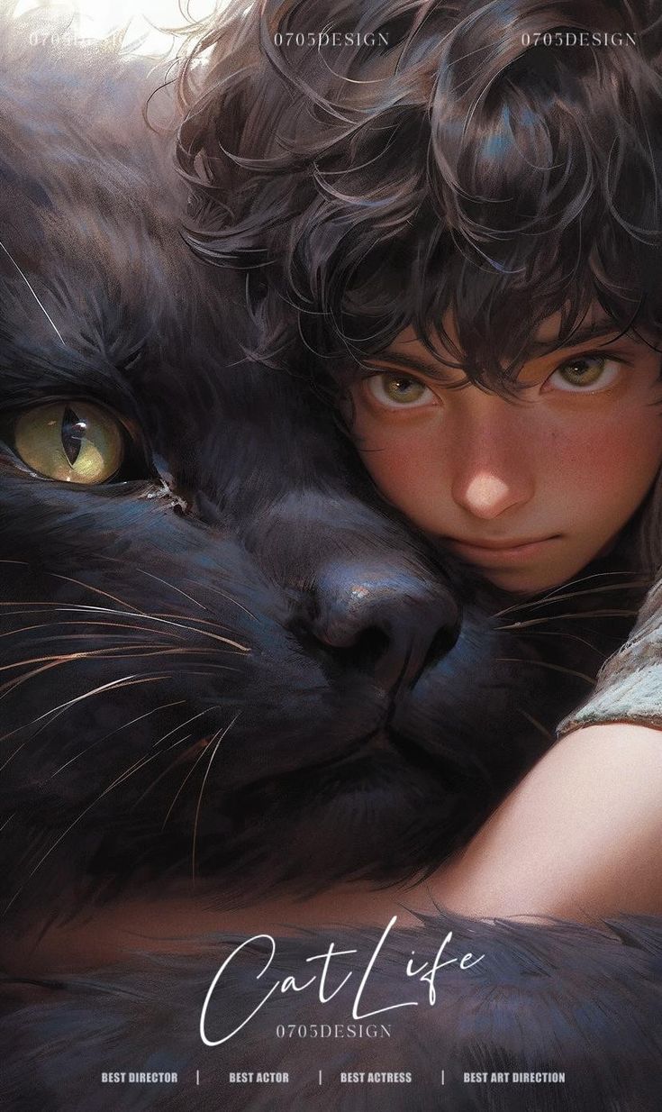 a black cat with green eyes rests its head on the shoulder of a young boy with curly brown hair and green eyes. the cat and the boy are looking directly at the viewer with a sweet and affectionate expression on their faces. the image is captured in closeup and features a soft and warm color palette, creating a sense of intimacy and closeness between the cat and the boy.