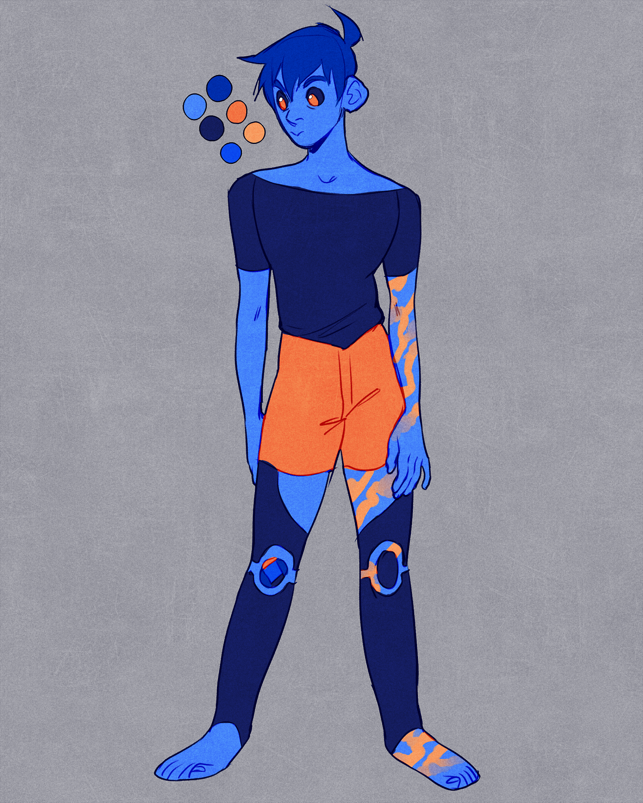 a digital illustration of a male character with blue skin. he has short, spiky dark hair and yellow eyes. he's wearing a simple black shirt, orange shorts, and dark blue leggings with circular details on the knees. he has orange markings reminiscent of flames on his right arm and leg. the background is a solid grayblue color. a palette of five colors is included in the top left corner.