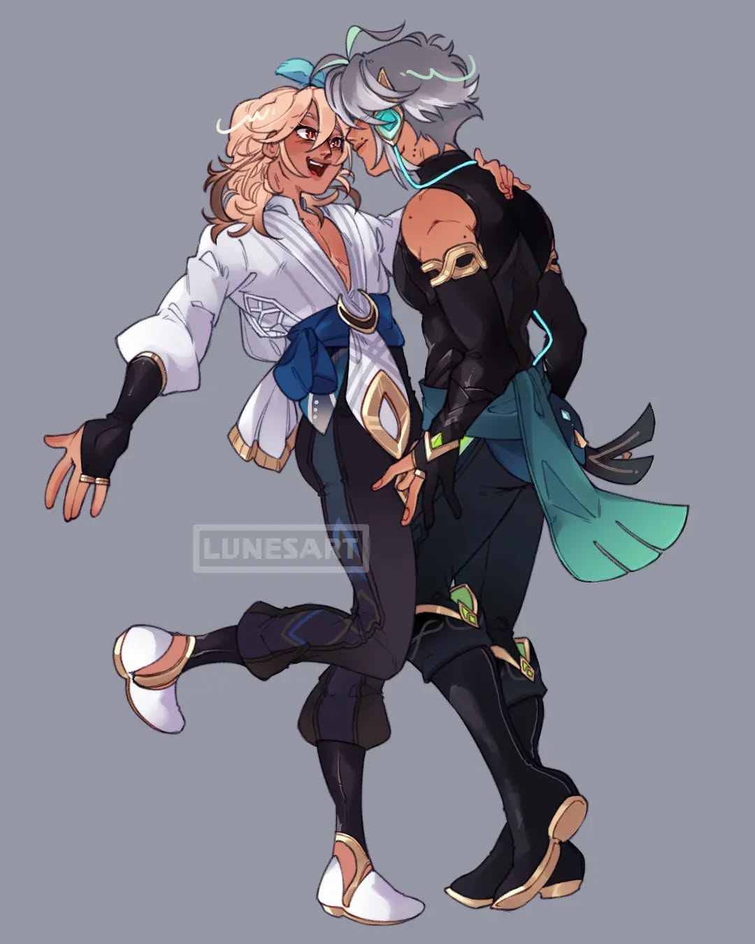 the image is a piece of fanart depicting albedo and arataki itto from the video game genshin impact.  the two characters are in a close embrace, appearing to dance or be romantically involved. albedo is leaning against itto who has his arm around albedo's waist.  both characters are depicted in their respective styles from the game, with albedo in lighter clothing and itto in darker attire. the art style is anime/manga inspired, using vibrant colors and detailed linework. the background is a simple, neutral grey.  the overall mood of the image is affectionate and romantic, suggesting a strong bond between the two characters. the image is digitally created and signed with the artist's watermark "lunesart".