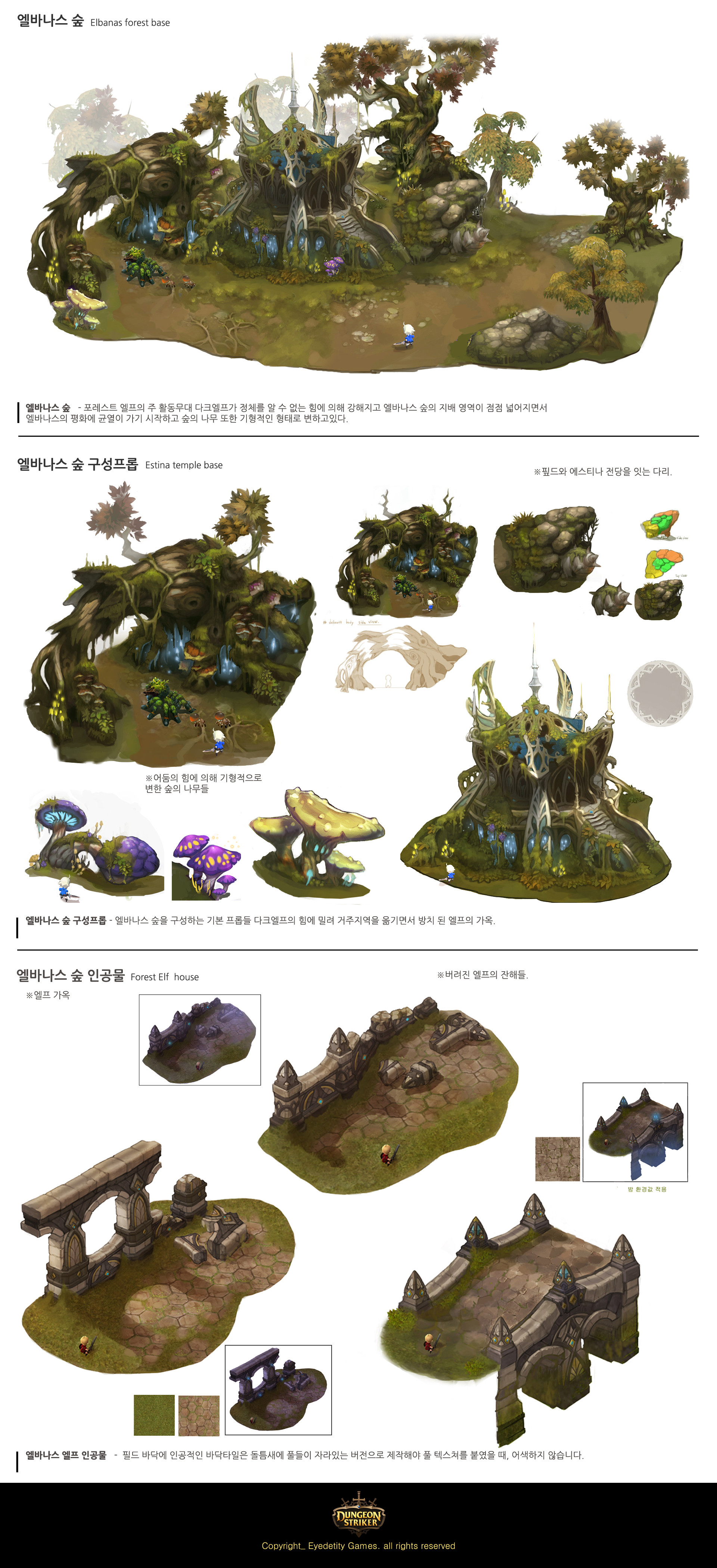 the image showcases a series of concept art pieces for a video game, likely an rpg or mmorpg, focusing on environmental design. it features a lush, green forest setting dotted with ruins and overgrown structures. the top section provides a wider view of the environment, while the subsequent sections zoom in on specific elements like mushrooms, a building, and bridge variations, offering different perspectives and detailing. the art style leans towards a stylized realism, employing a soft, inviting color palette and incorporating elements of fantasy.