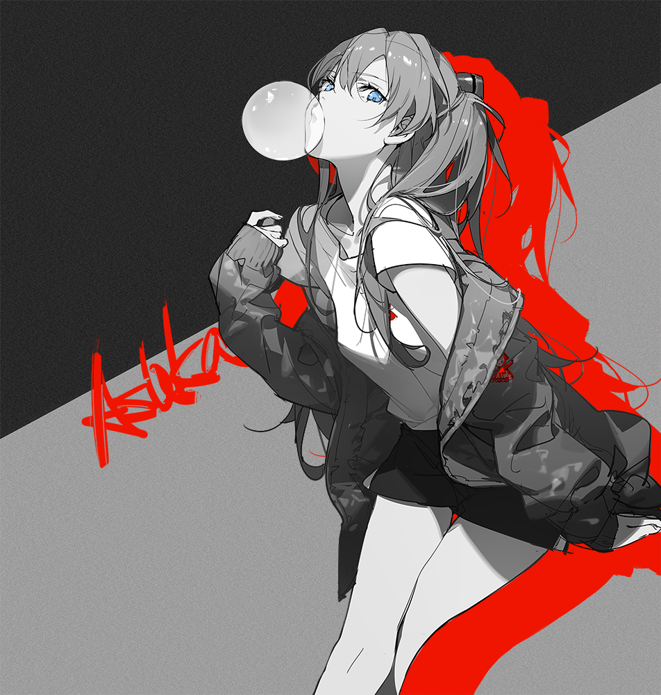 an animestyle illustration of asuka langley soryu blowing bubble gum. she is wearing a tshirt, skirt, and jacket. the color scheme is grayscale with red accent.
