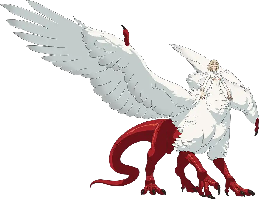 the image showcases a mythical chimeric creature, a fusion of a woman and a dragonlike being adorned with swan wings. the woman, with her blonde hair, is seamlessly integrated into the creature's upper body, while the lower half manifests as a fearsome red dragon with powerful limbs and a serpentine tail. the creature's majestic wingspan, composed of pristine white feathers, dominates the frame, suggesting a creature of immense power and grace. the art style leans toward anime or manga, characterized by the woman's distinct facial features and the creature's dynamic pose.