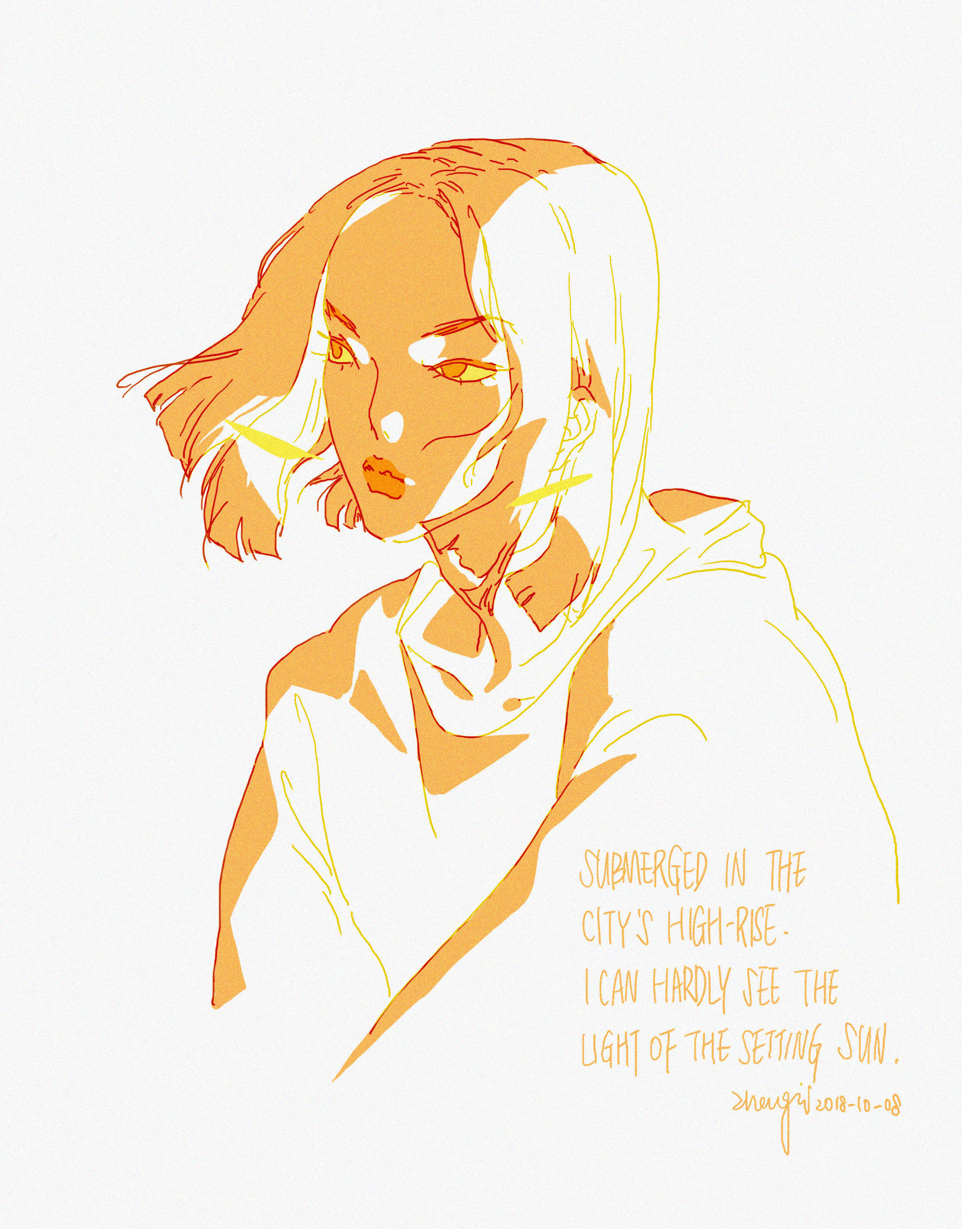 a handdrawn illustration of a woman's face. she has blonde hair with a loose white shirt with her shoulders showing. the drawing is in orange and yellow and has a quote in the bottom right corner that reads "submerged in the city's highrise i can hardly see the light of the setting sun".  the quote is written with a cursive font. the illustration is simple with thin, clean lines.