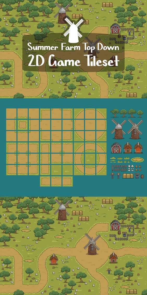 this image is of a game asset tileset of a farm. the tileset includes various elements such as windmills, fences, hay bales, fields, paths, trees, houses, and barns. the overall color palette gives a warm and sunny summer vibe. the art style is pixel art.