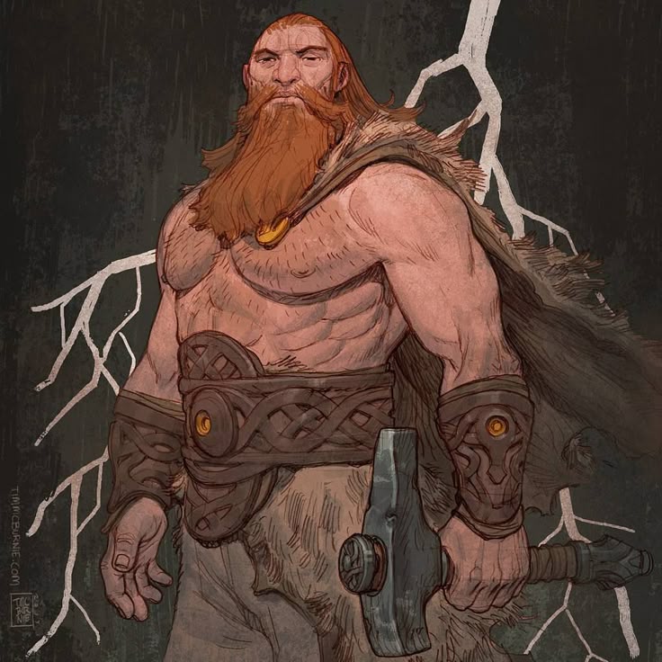 the image is an illustration of thor, the norse god of thunder. he is depicted as a muscular, redbearded warrior holding his hammer, mjolnir. he wears a fur cape, a braided belt, and ornate wristbands. lightning bolts flash in the background, suggesting his power over storms. the overall style is reminiscent of fantasy art.