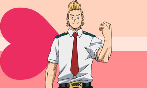 this is an image of a blond haired anime male, wearing a school uniform, tie and smiling.  he is flexing his bicep and looks very happy. he has a pink and white background with a heart shape in the corner.