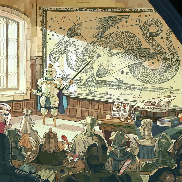 an illustration depicts a classroom setting where a teacher, dressed in armor, is lecturing a class of armored students about a dragon. the teacher stands in front of a large drawing of a winged dragon with a serpentlike tail, pointing to it with a stick. the classroom is decorated with medievalstyle furniture and decorations, including a wooden desk with books, candles, and a dragon skull. the students are seated at desks, taking notes with quills. a window is visible in the background, providing natural light. the overall style is cartoonish and whimsical.
