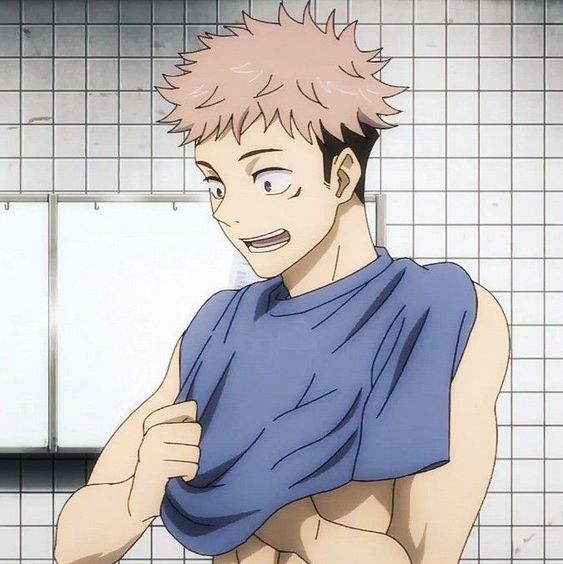 a young, athletic anime boy with short, spiky pink hair is shown in what appears to be a locker room or bathroom. he has a mischievous grin and is in the process of removing his blue tshirt, exposing his bare torso.  the background features white tiles and a glimpse of what could be lockers or stalls.
