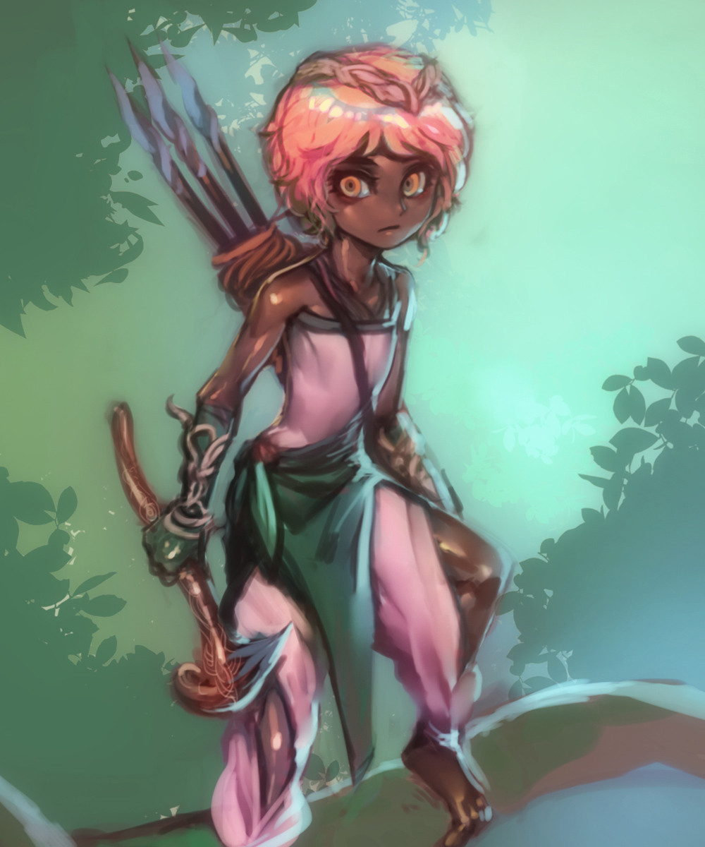 a fantasy woman warrior in a forest is holding a bow and arrow, with a quiver on her back. she is standing in a forest, with green leaves behind her, and is looking seriously ahead. she is wearing a pink and green outfit. she is a strong and powerful warrior.