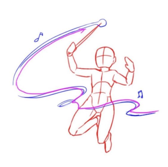 a sketch of a person in a dynamic pose, conducting music with a baton. the figure is drawn in a simplified anime style, with flowing lines and exaggerated movement.  colored lines are used to represent the music, adding to the sense of energy and rhythm.
