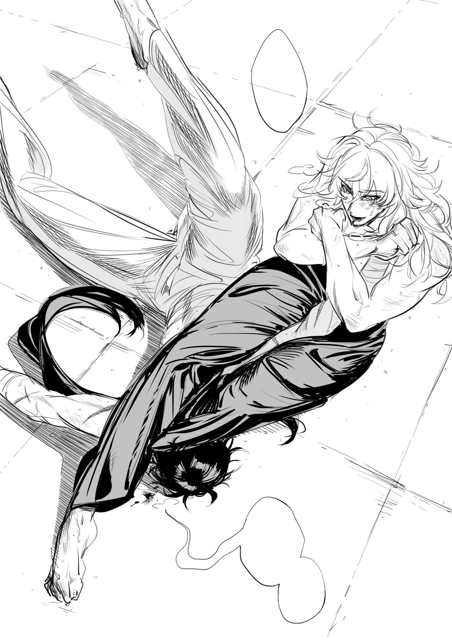 a black and white illustration of two characters fighting. one character is on top of the other and is striking them. the image is drawn in a manga style.