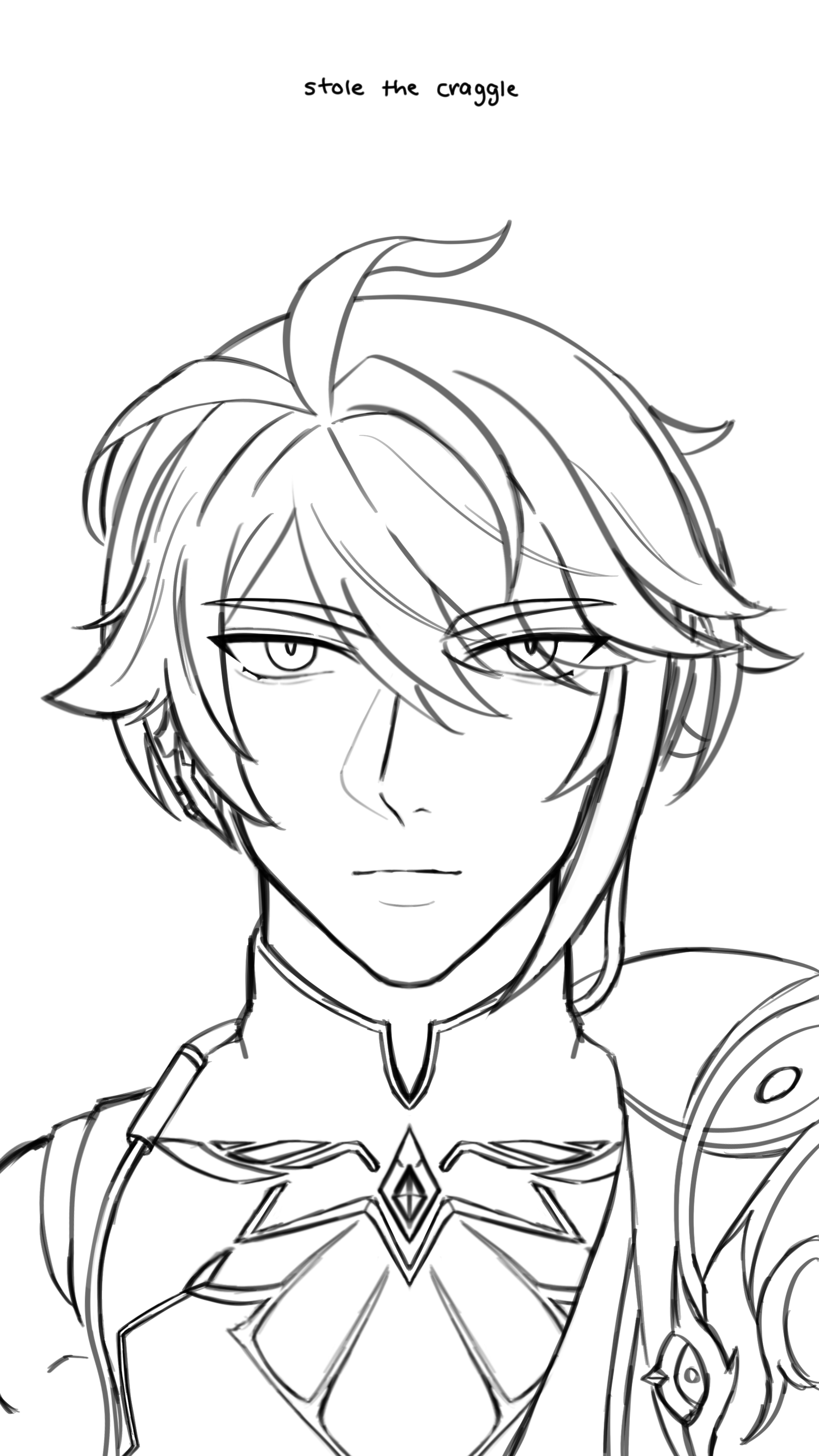 the image is a black and white line art sketch of alhaitham, a character from the game genshin impact. the drawing focuses on his face and upper body. he has a calm and slightly serious expression. the text "stole the craggle" is above his head.