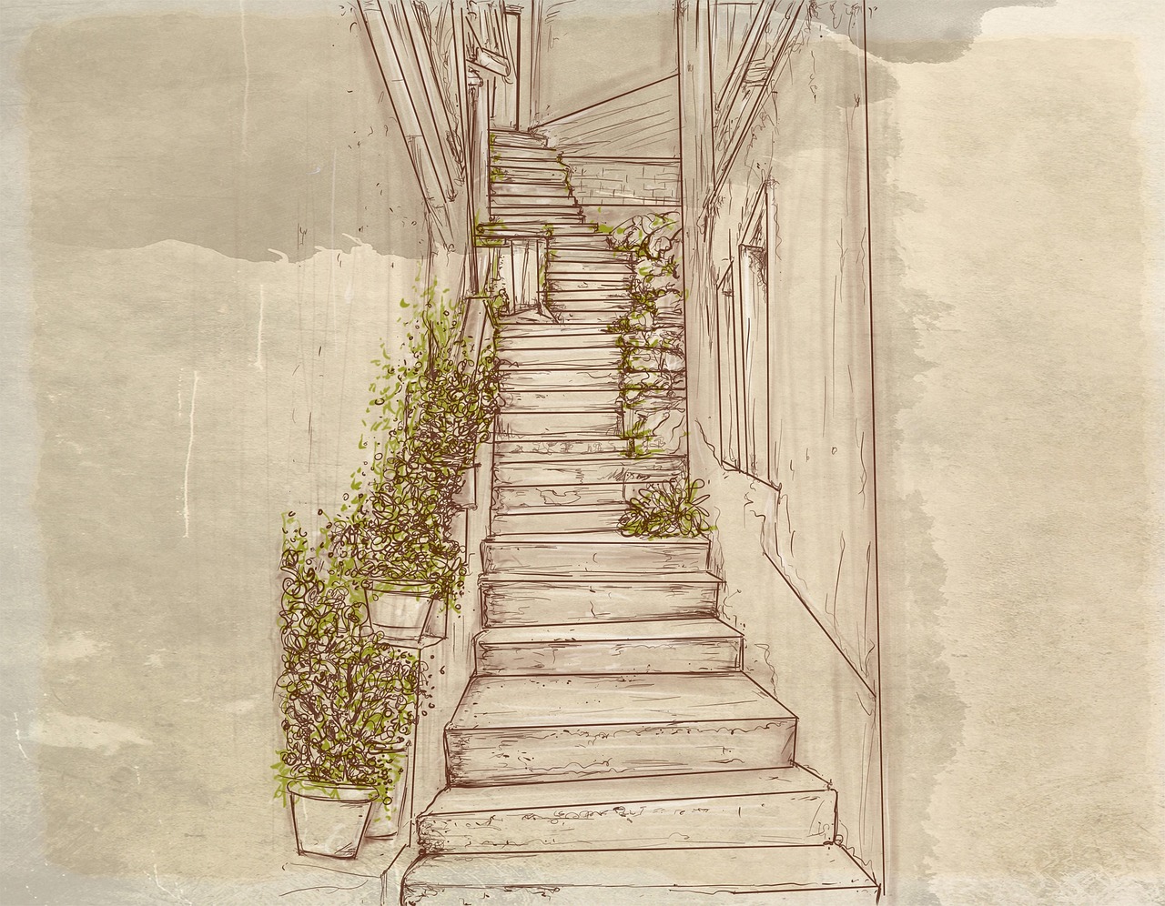 a sketch of a narrow alleyway with stairs going up between buildings. plants and flower pots decorate the stairs and walls. the style resembles a watercolor painting with sketchy lines.