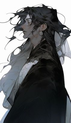 the illustration features a man with long black hair, drawn in a style reminiscent of asian art. the man is depicted in profile, with his head turned slightly away from the viewer. he is dressed in flowing black and white robes, which blend seamlessly into the white background, creating a sense of ethereal beauty. the soft lighting and delicate lines enhance the overall elegance and mystique of the image.