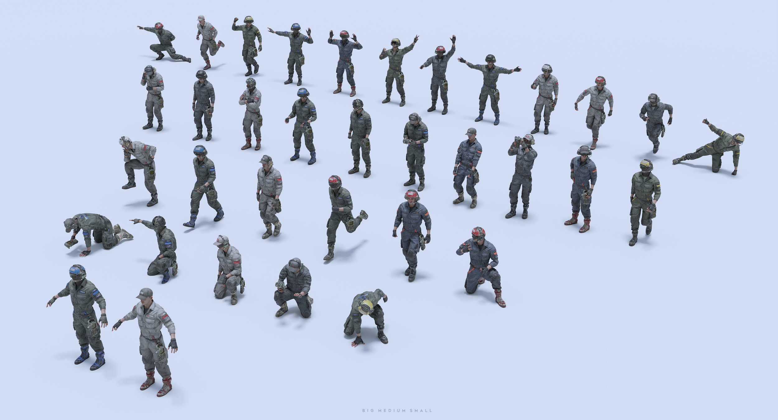 the image shows a 3d render of a large collection of miniature soldier figurines in various action poses. the soldiers are wearing camouflage uniforms, helmets, and some carry weapons. they are arranged in a spreadout formation, suggesting a scene of military action or deployment. the size variation of the figures is also indicated in the image description.  the background is a simple, light blue, making the figures the focal point. the overall style is realistic and detailed.