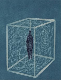 a black silhouette of a man is inside a blue cage made of thin, weblike lines, appearing trapped and alone. the cage itself is composed of abstract, geometric shapes with the blue background further emphasizing the theme of confinement and isolation.