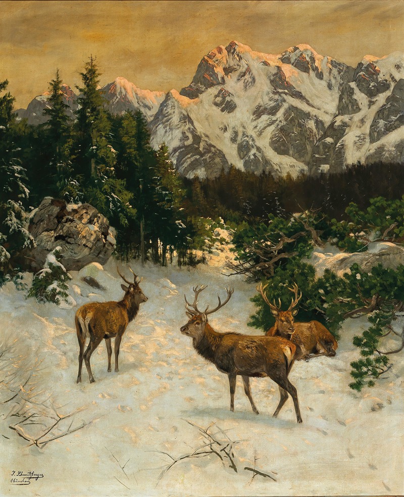 the painting shows three deer in a snowy landscape with mountains in the background. the deer are standing in the foreground of the painting, with the mountains and forest behind them. the sky is a light dusk color, and the mountains are covered in snow. the painting captures the beauty of nature and wildlife in a serene winter scene.