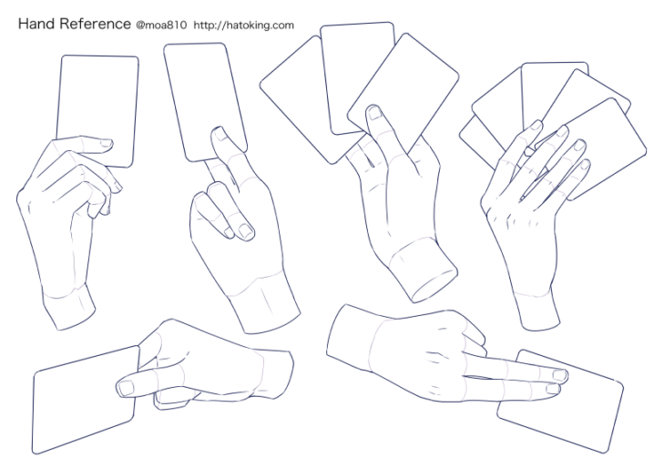 the image shows seven illustrations of hands holding blank playing cards from different angles.  each hand demonstrates a distinct grip and position of the cards, serving as a reference for drawing various hand poses.