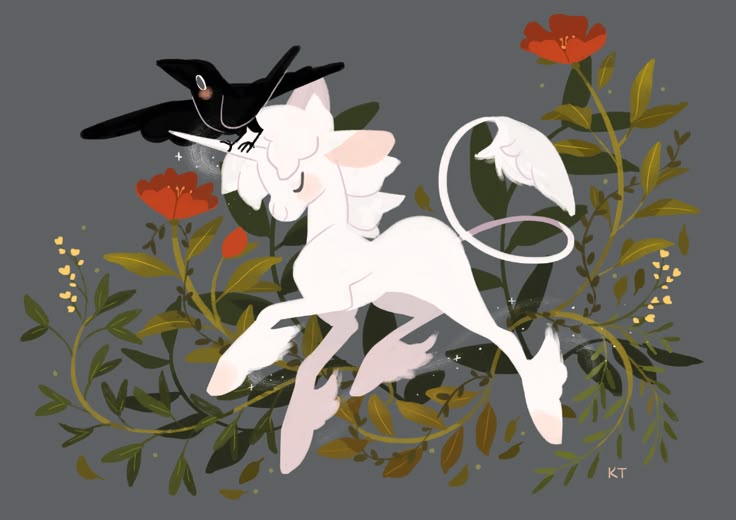 the image is a digital illustration featuring a white unicorn in a stylized, cartoonish art style. the unicorn has a flowing mane and tail, delicate pink shading on its legs and ears, and a closedeye expression. a black bird with white markings is perched on its horn. the unicorn is surrounded by stylized flowers and foliage, including red poppies and various leaves and vines. the background is a flat, muted gray color. the artist's signature, "kt," is visible in the lower right corner. the overall aesthetic is whimsical and magical.