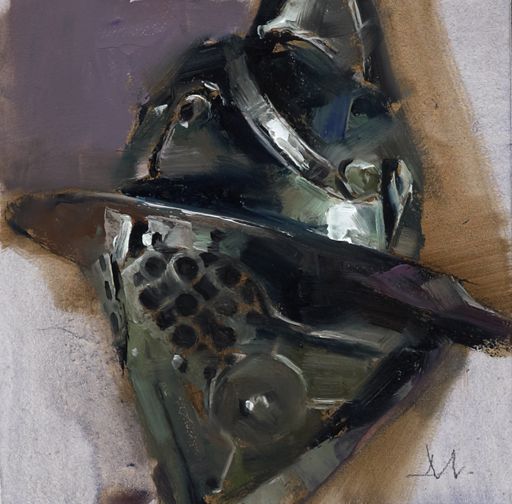 a closeup oil painting of a gladiator helmet against a blurred background. the helmet is made of metal and has a dark, worn appearance. it features a faceguard with small holes, a prominent crest on top, and various other details. the brushstrokes are visible, creating a sense of texture and movement. the overall mood is one of power and intimidation.