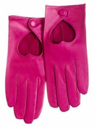 two pink leather gloves are shown, each with a heartshaped cutout on the back of the hand and a button closure at the top.