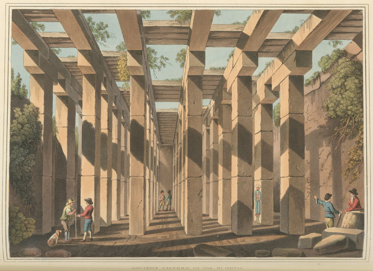 the image is a historical drawing of the ancient cisterns in val di noto. it depicts an interior view of the cisterns, characterized by rows of massive stone columns and horizontal beams forming a gridlike structure overhead. several people are present in the scene, some engaged in conversation and others walking through the cisterns. a dog is near a group of people on the left. the illustration shows the play of light and shadows created by the structure and the gaps in the overhead beams. vegetation is visible around the edges of the structure, and the sky can be seen through the openings in the roof. the drawing is detailed and captures the architectural elements and human presence within the cisterns.