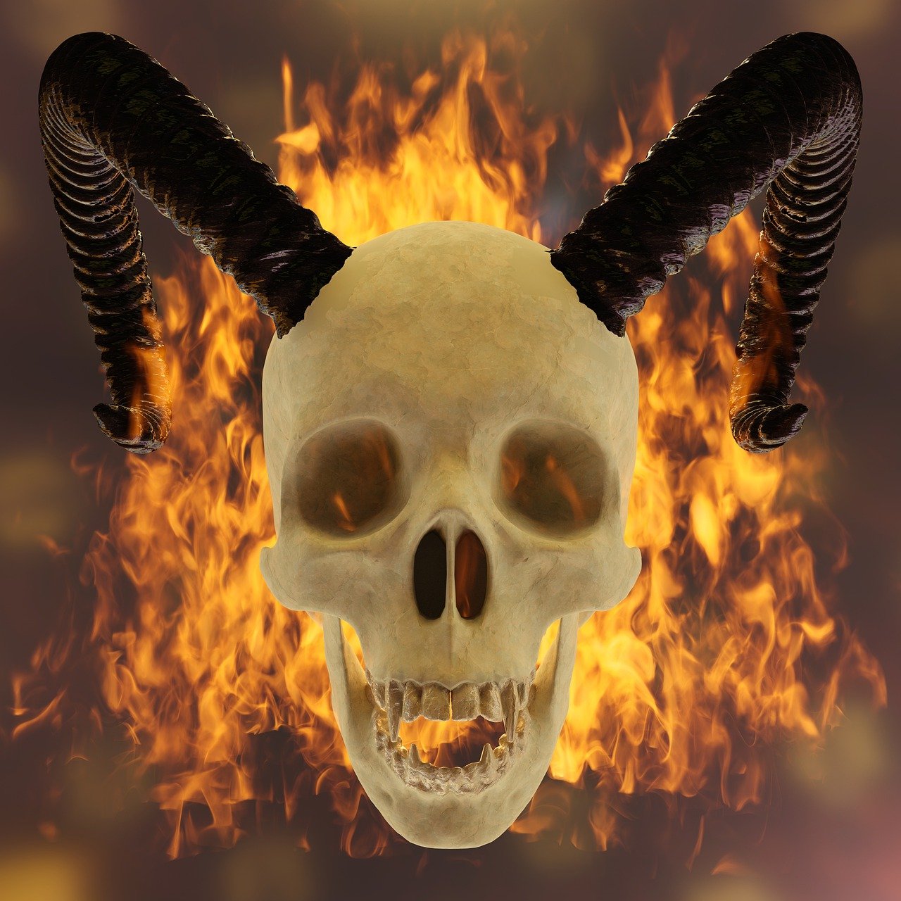the image shows a skull with large, black, coiled horns extending from its head. the skull is set against a backdrop of swirling flames, creating a menacing and hellish atmosphere. the skull's features are visible, with prominent eye sockets, nose cavity, and teeth. the image is likely intended to evoke feelings of fear, horror, and the supernatural.