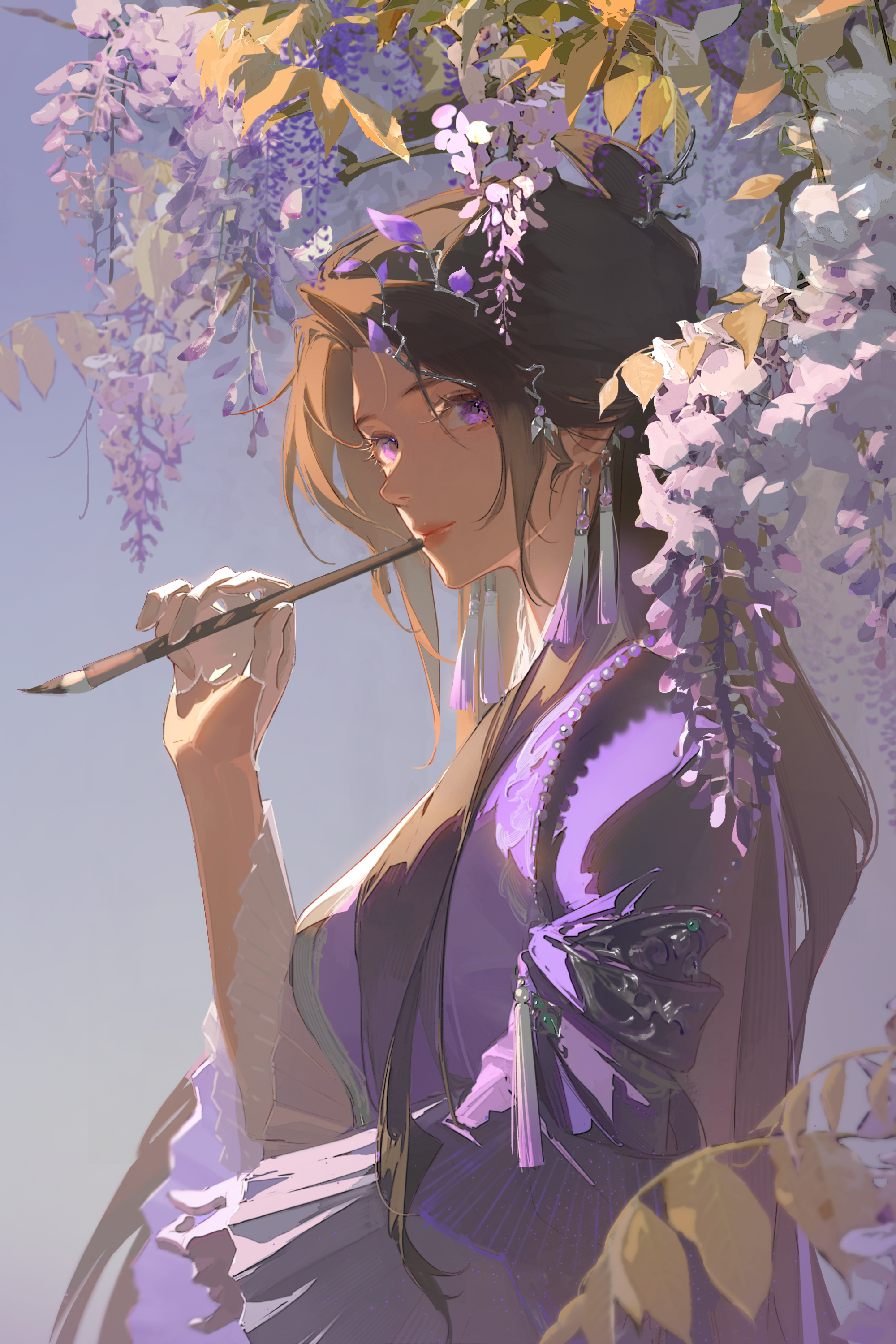 a young woman in a flowing purple dress is standing amidst a cascade of wisteria blossoms. she holds a paintbrush to her lips, her gaze contemplative as she finds inspiration in the vibrant flowers surrounding her. the soft lighting creates a dreamlike atmosphere, enhancing the serene beauty of the scene.