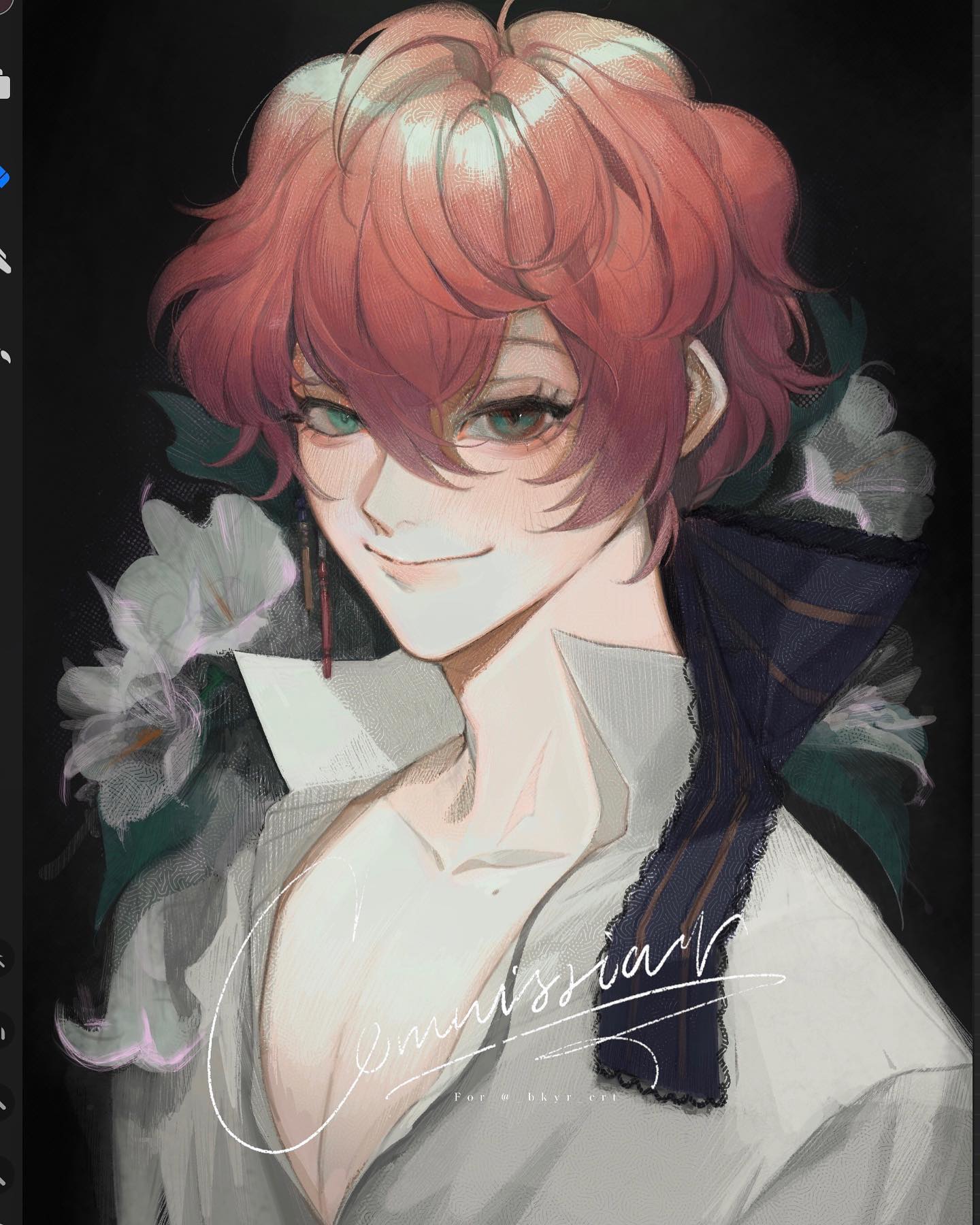 loseup digital painting of a young animestyle boy with vibrant red hair, styled in a slightly tousled manner, framing his face. his eyes are a striking green. he has fair skin and is wearing a light gray or beige collared shirt, partially unbuttoned, revealing his chest. a dark navy blue and black scarf, with delicate lace trim, is draped around his neck and shoulders. the background is a muted dark tone, with soft, pale flowers subtly incorporated around the edges of the portrait, adding a touch of whimsy. the artist's signature or watermark is visible in the lower portion of the image, indicating this artwork was created as a commission. the overall style of the artwork is soft, elegant, and aesthetically pleasing.