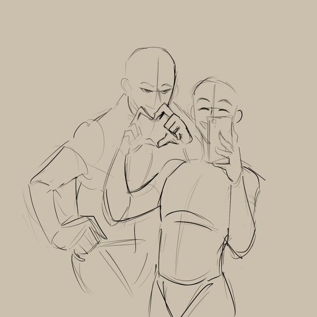 a rough sketch of two people, likely friends or a couple, taking a selfie. the person on the left is holding their hand in a peace sign while looking down at the phone, while the person on the right is smiling and holding the phone up to take a picture of both of them. they are casually dressed and relaxed, suggesting a fun and lighthearted moment. the drawing is simple and uses only lines, but the anatomy of the figures is visible and recognizable.
