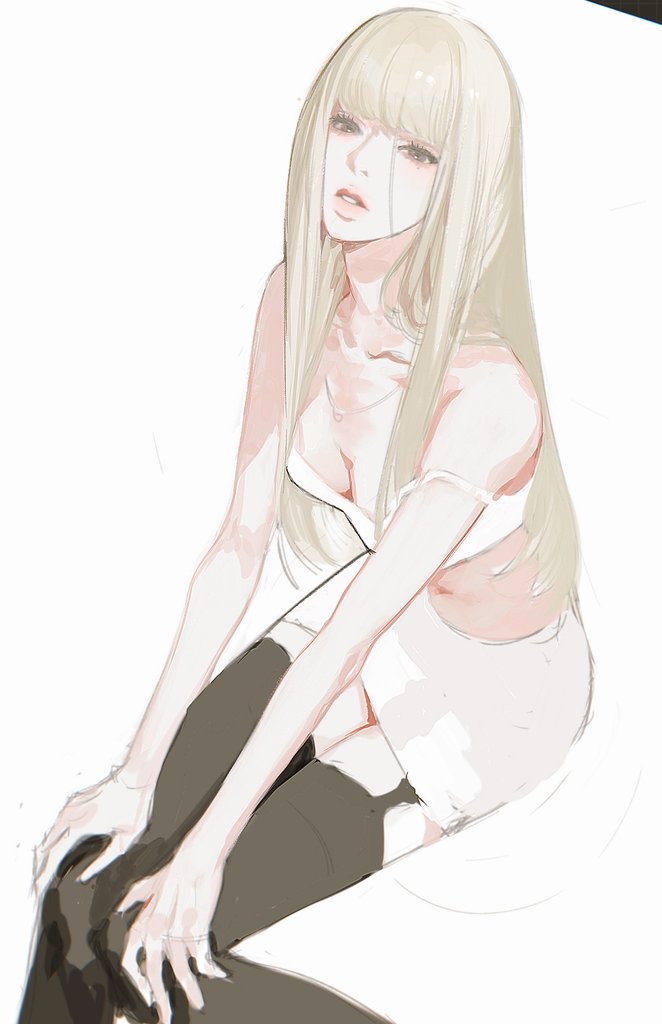 a digital drawing of an anime girl with long blonde hair, wearing a white dress and black stockings. she is sitting on a white background and looking up at the viewer.