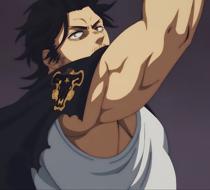 this is a digital illustration from the anime series black clover. this image is a close up on asta, a young boy who dreams of becoming the wizard king, who is a powerful magic user.  asta's magic is antimagic which allows him to negate the power of other wizards. asta is depicted in this image with his signature black bull crest,  and his iconic black cape.