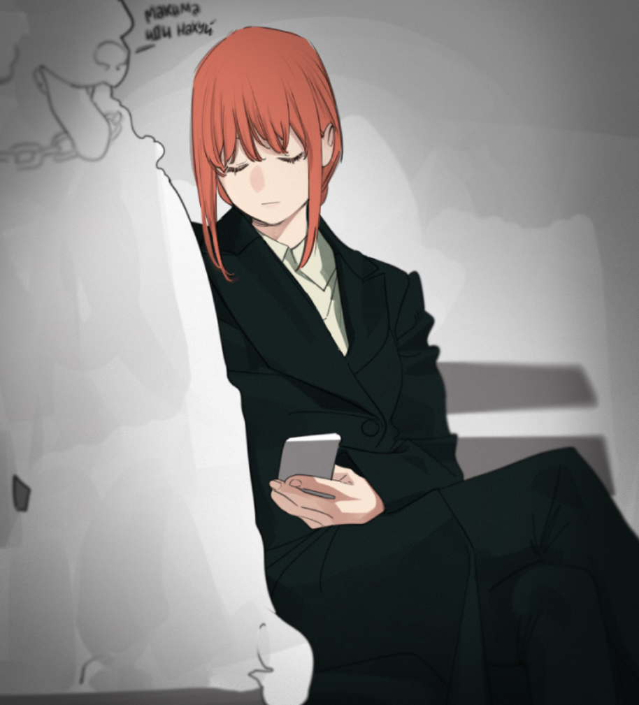 a young woman with vibrant red hair and wearing a black business suit sits on a bench with her eyes closed, gently holding a white cell phone in her hand. the grayscale background with faint outlines suggests she might be in a waiting area or a similar public space. she exudes an air of calm and serenity, as if taking a moment of respite amidst a busy day.