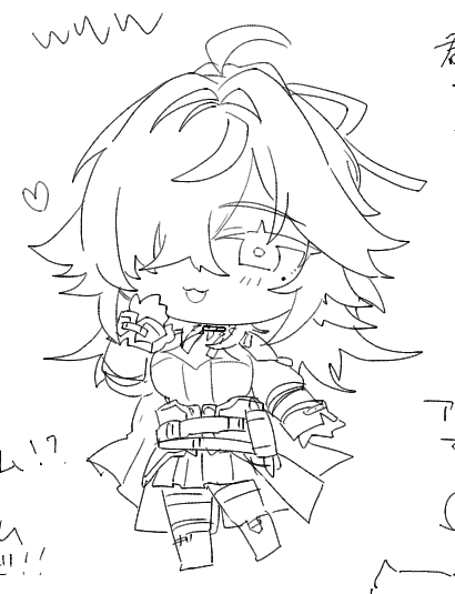 this is a sketch of a cute chibi anime girl with long hair, she's wearing a jacket and pants. she's smiling and looking happy. the drawing is in black and white and has a simple background.