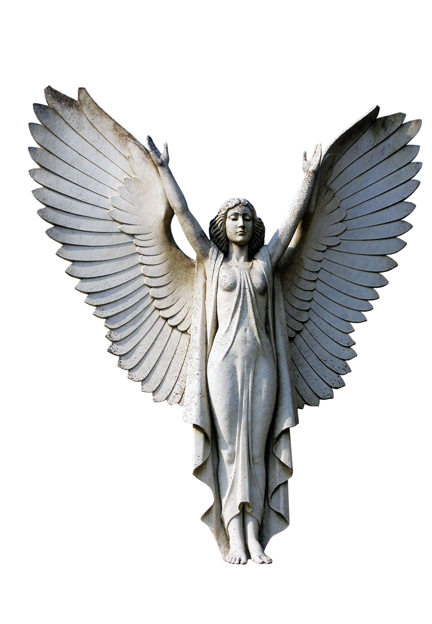 the image shows a statue of an angel set against a black background. the angel is depicted with large wings spread out to the sides, and her arms are raised upwards. she is wearing a robe and is standing barefoot. the statue is made of stone and appears to be a classical or religious monument.