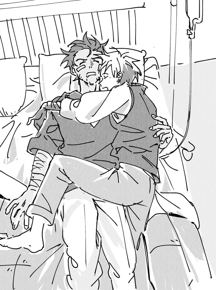 an animestyle illustration shows two male characters in a hospital bed. one character lies in the bed, wearing a hospital gown and bandages, connected to an iv drip, while the other character sits on top of him, hugging him closely. the scene suggests comfort and care in a medical setting.