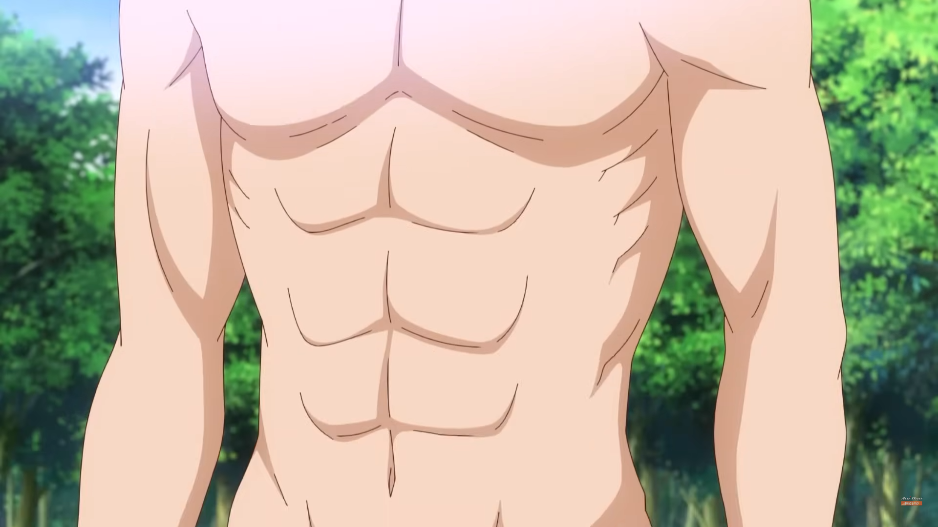 the image shows the muscled, bare torso of a young, fit man with light skin. the image is cropped right below the rib cage and above the head.  he is in a forest setting with bright sunlight coming from the upper left.  the image is from a low perspective, looking up at the subject.